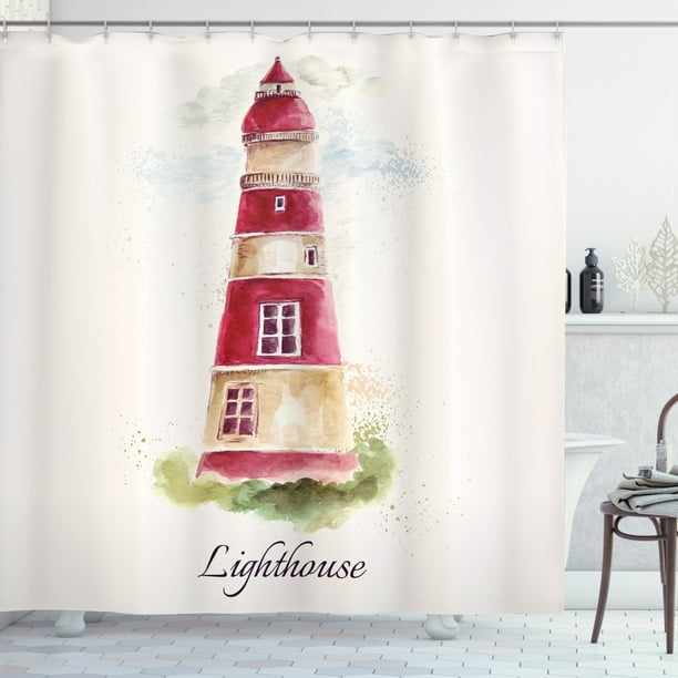 Lighthouse Decor Shower Curtain Set, Watercolor Lighthouse Print Pastel