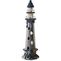 Wooden Lighthouse Decor, 19.5 Inch Decorative Nautical Lighthouse Rustic Ocean Sea Beach Themed Lighthouse Decoration, Handcrafted Tabletop Nautical Themed Home Decor Bathroom Decor(Anchor & Starfish)