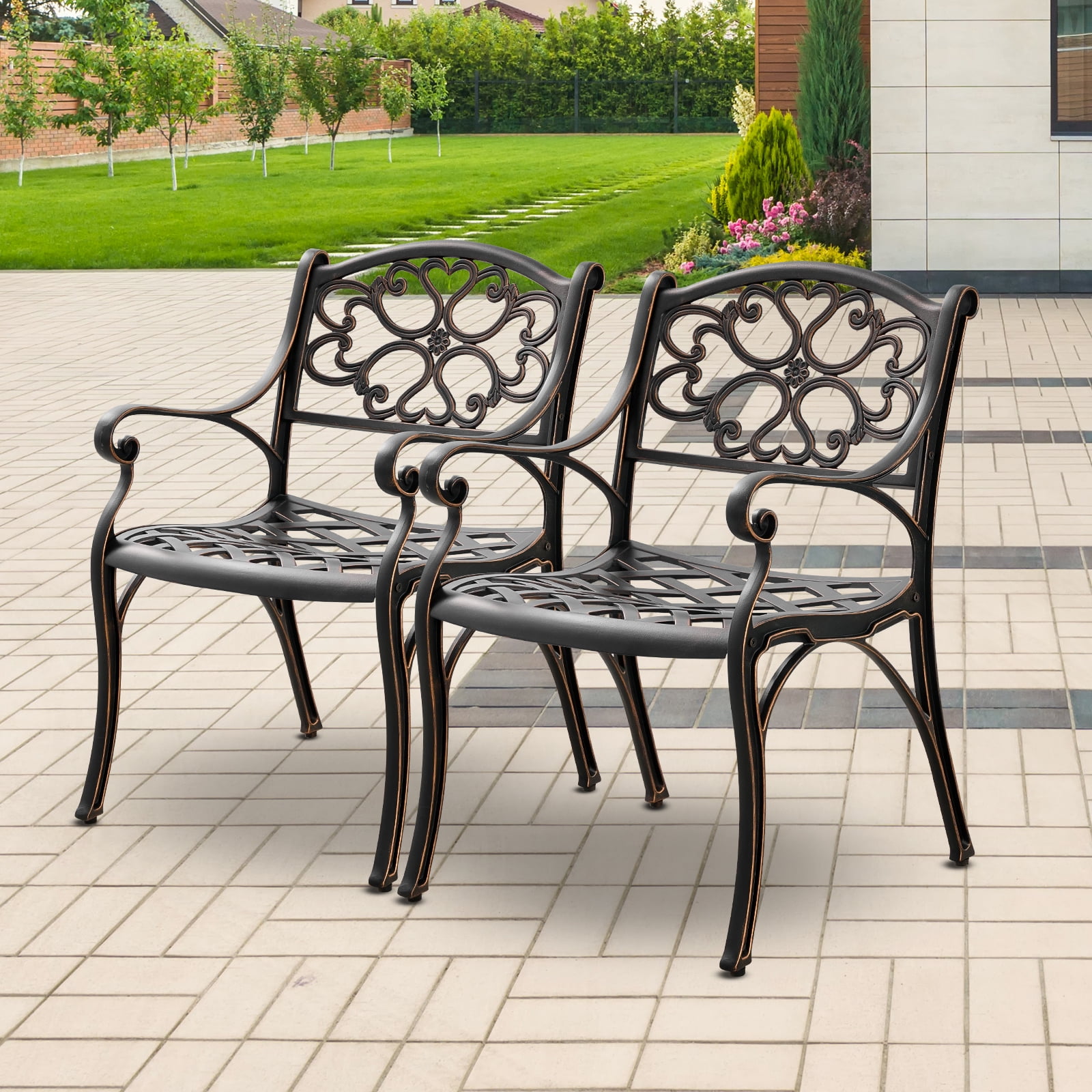 PATIO-IN Cast Aluminum Patio Chair Set of 2 with Armrests, Antique Bronze Metal Bistro Chairs, Outdoor Patio Dining Chairs for Garden, Porch, Poolside