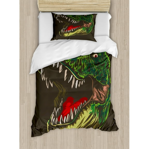 Dinosaur Duvet Cover Set, Aggressive Wild T-Rex Head Colorful Hand Drawn Style Jurassic Period, Decorative 2 Piece Bedding Set with 1 Pillow Shams, Twin Size, Dark Brown Fern Green, by Ambesonne