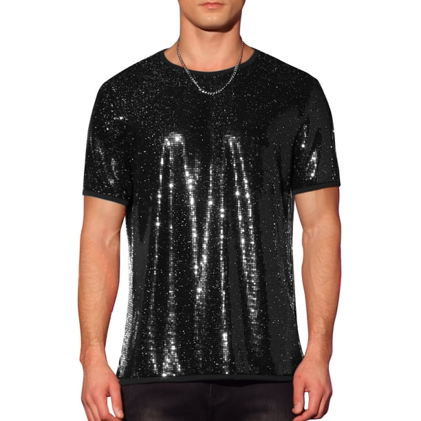 Camisetas de hombre INSPIRE CHIC con lentejuelas, de manga corta, cuello redondo, camisetas para fiestas en discotecas, 2XL, negras