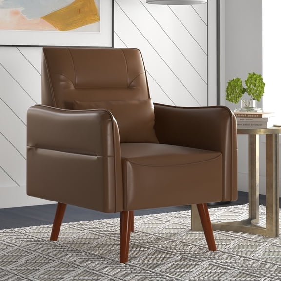 Ebello Accent Chair Modern PU Leather, Cozy Reading Armchair, Wood Legs-Wood Grain, for Adult, Coffee Brown