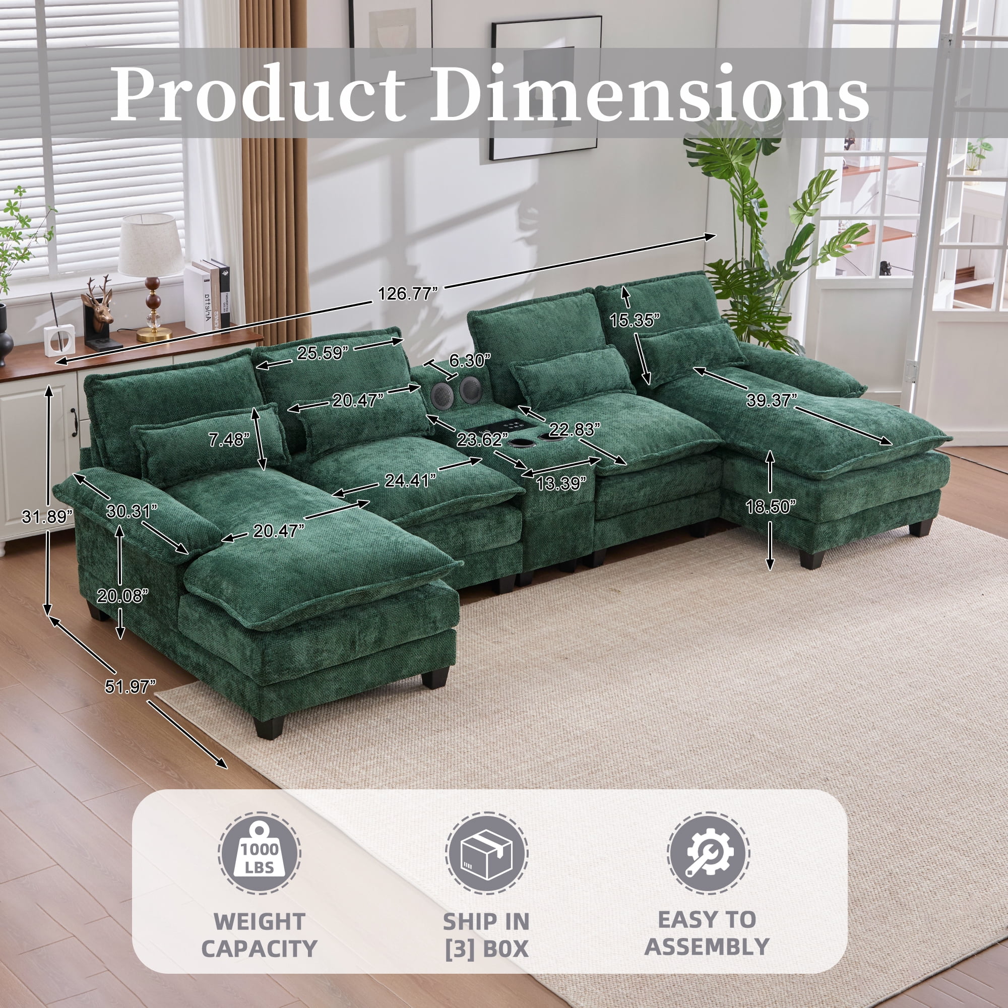 Villeston 126.77" U-Shaped Cloud Sofa With Chaise Lounge, Chenille Sofa With Wireless Charging, Bluetooth Speaker, Two Cup Holders, Storage Drawer, Suitable For Living Room,Green