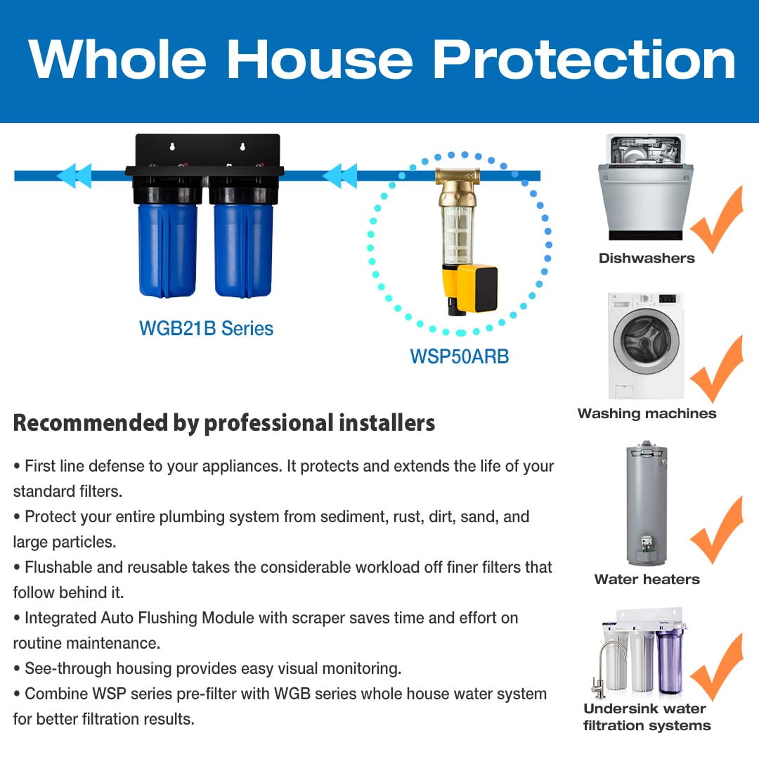 iSpring Whole House Water Filter System,Reduce Iron ,Manganese, Chlorine, Sediment, Taste & Odor, 5-Layer Iron Filter Whole House Water Filter, SGS-Tested, 10” x 4.5” Filters,1”Inlet/Outlet, Model: W