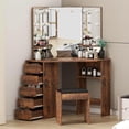 thumbnail image 3 of Rustic Brown Modern Corner Vanity Desk with LED Tri-Fold Mirror, Built-in Charging Station, 5 Rotating Drawers and Storage Bench, Makeup Dressing Table for Bedroom, 3 of 6