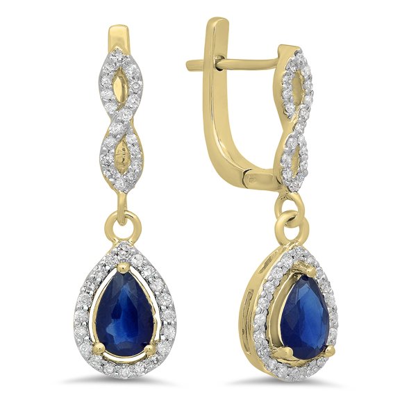 Dazzlingrock Collection 14K Each 7X5 MM Pear Blue Sapphire & Round Diamond Ladies Halo Dangling Drop Earrings, Yellow Gold