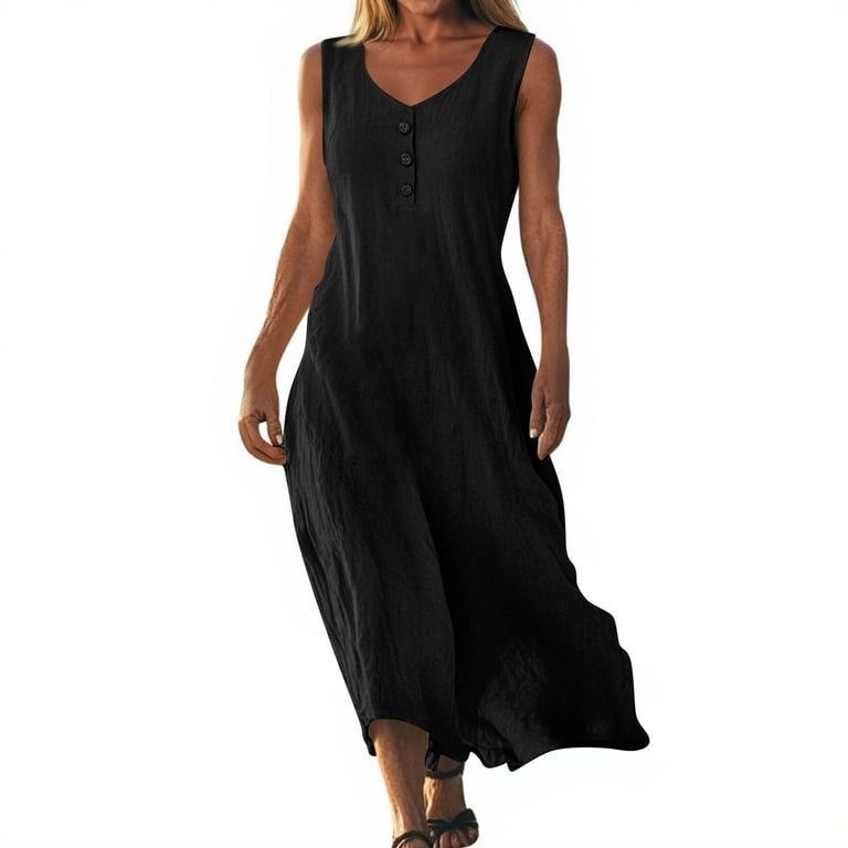 Graduation Dresses, Linen V Neck Casual Tank Maxi Dress Round Button  Sleeveless Loose Beach Sundress Sequin Mini Red Dresses For Women Mexican  2025 Modest Dresses Cocktail (XL, Black) ZMTing - Walmart.com