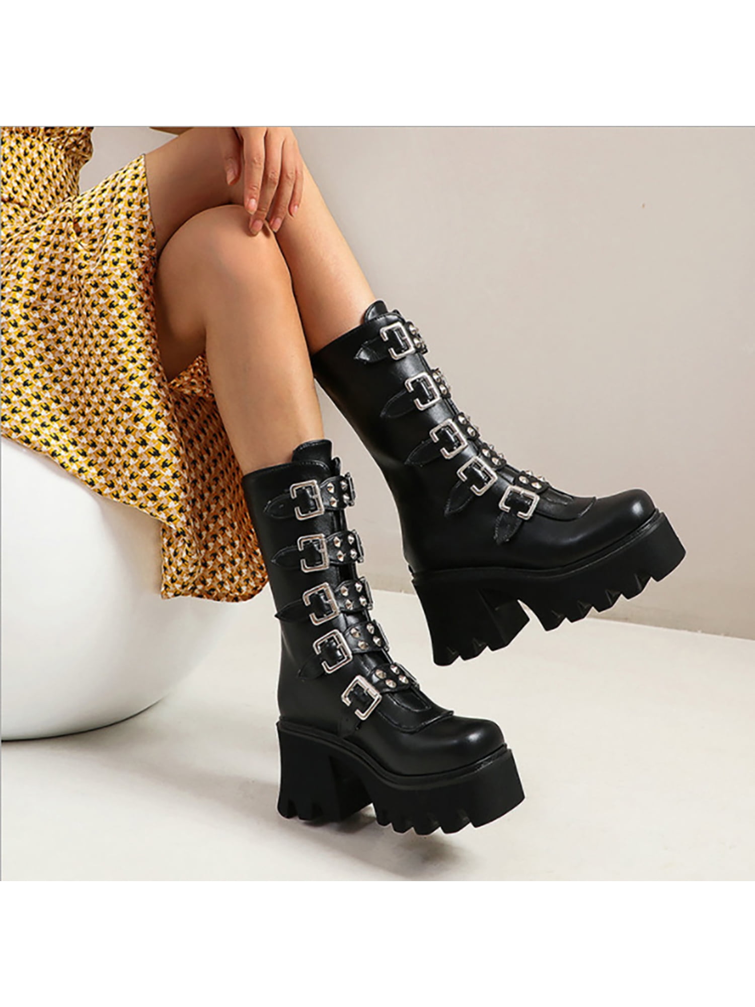 Women's Zip Lace up Strap Ankle Boots High Chunky Heel Platform Round Toe Shoes 