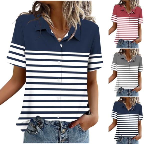FRSASU Women's Stripe Blouses Summer Short Sleeve Button Down Lapel Tops Dressy Casual Stylish Polo Shirts Wine