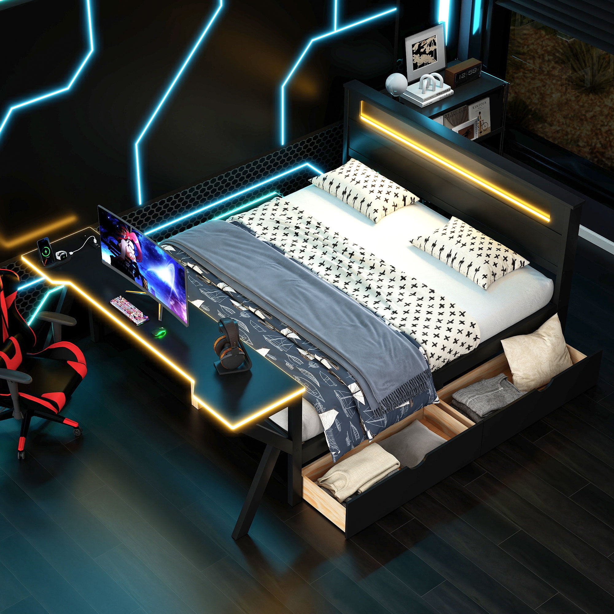 Mintazer Gaming Bed with Desk & Charging Station, Full Platform Bed with 2 Storage Drawers & LED Lighting Dorm Bedroom, Black