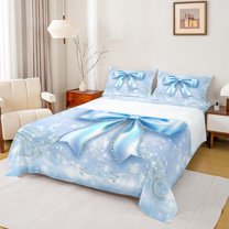 Manfei Bling Blue Bowknot Full Size Sheets for Kids, Diamond Floral Print Bed Sheets, Princess Bow Style Sheet Sets, Luxury Bedroom Decor, 4 Pieces
