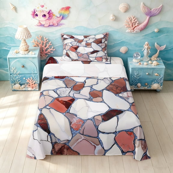 Manfei Terrazzo Tile Twin Sheets, Modern Stone Mosaic Bedding, Reddish Brown, 3 Pieces, 1 Flat Sheet, 1 Fitted Sheet and 1 Pillowcase