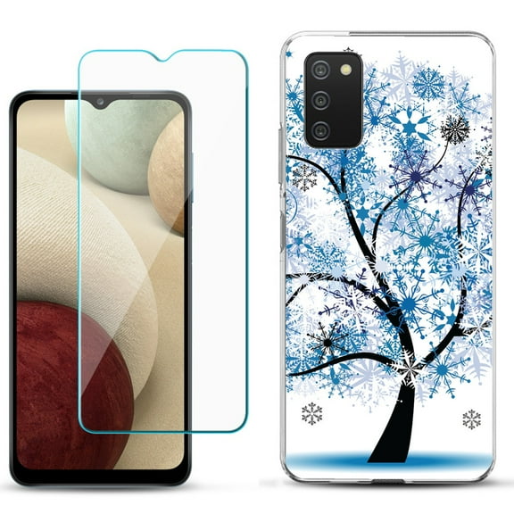 Slim-Fit TPU Phone Case Compatible with Samsung Galaxy A02s, with Tempered Glass Screen Protector, by OneToughShield ® - Snowflakes Tree