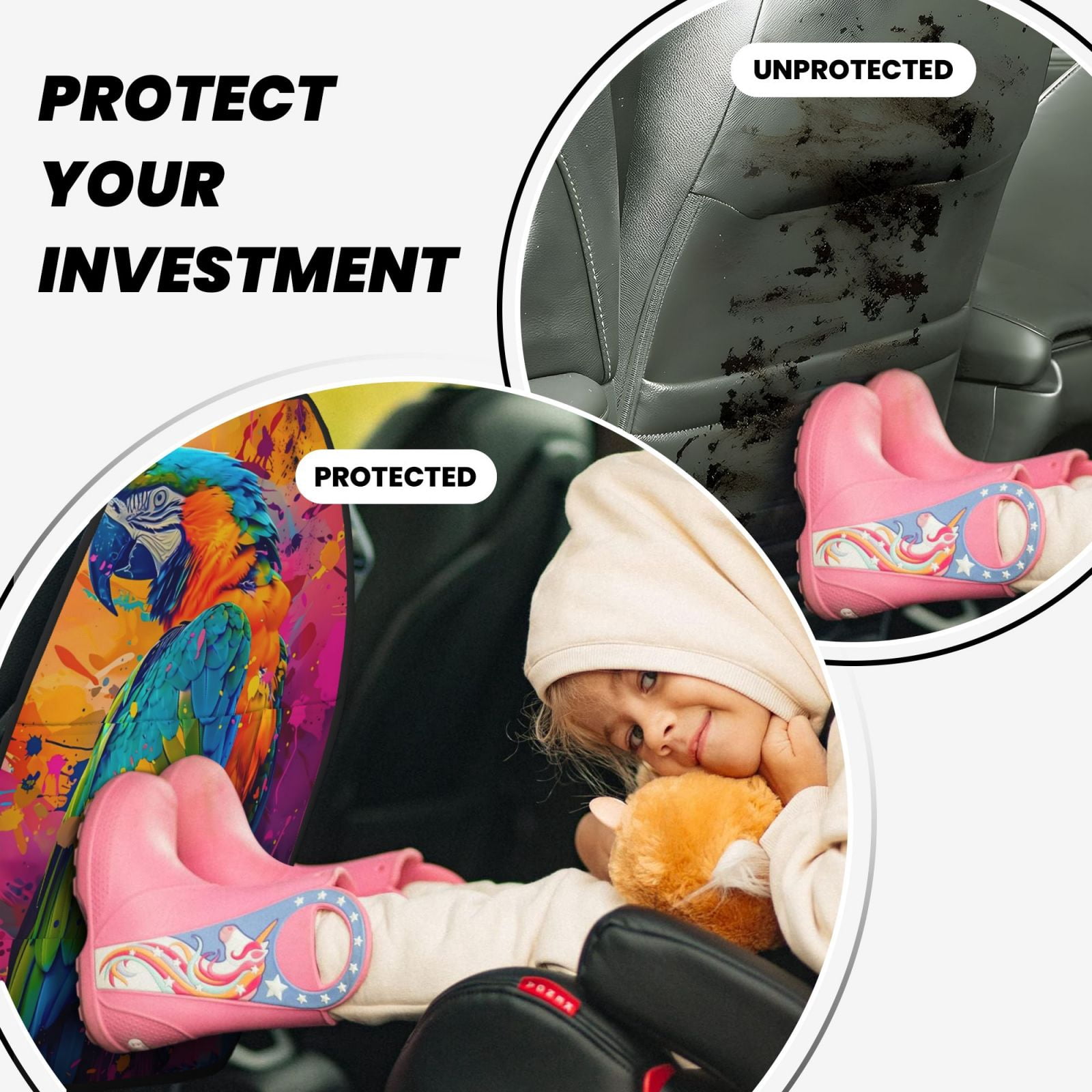Kdxio Vibrant Parrot Splash Art Print 2 Pack Car Kick Mat Seat Cover Back Protector Mat with Pockets for Organizer Backseat Protector and Storage Anti Kick Pad for Vehicles