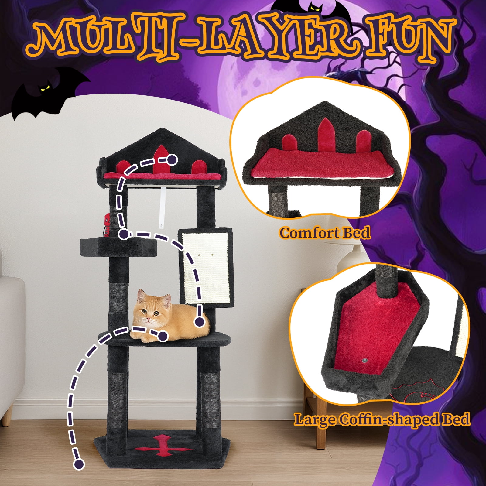 Zimtown 4-Tier Halloween Pet House with Coffin & Tombstone, Gothic Cat & Dog Mansion, Black & Red