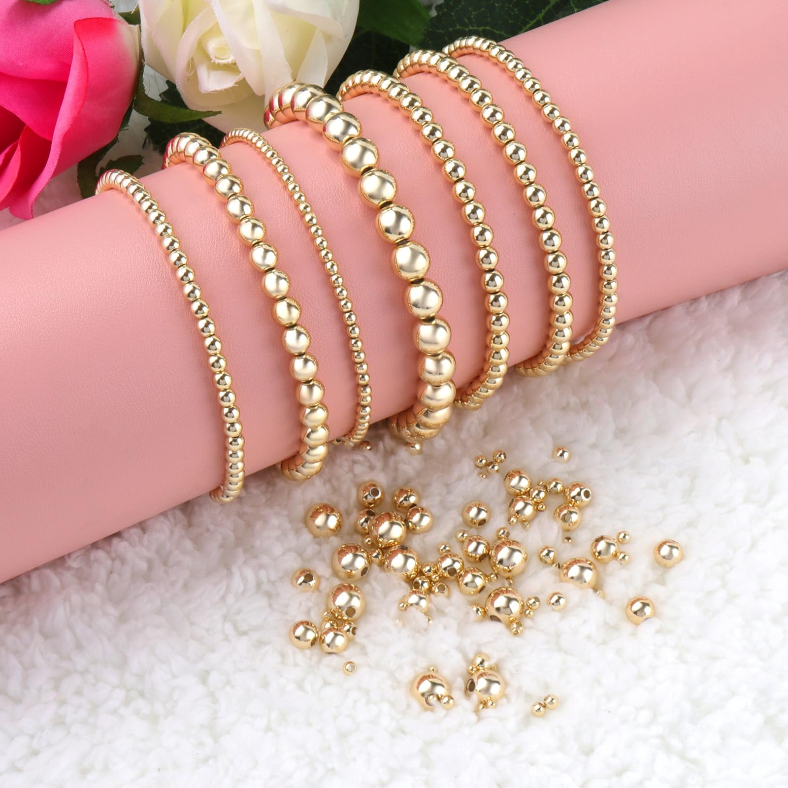 Trianu 300Pcs 18K Gold Filled Spacer Round Beads, Seamless Smooth Metal Round Beads, Gold Plated Solid Brass Beads for DIY Bracelet Necklace Earring Jewelry Making (5mm)