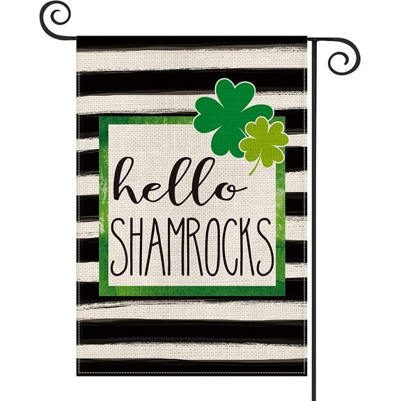 AVOIN Watercolor Stripes Hello Shamrocks Garden Flag Vertical Double Sided, St Patrick's Day Yard Outdoor Decoration 12.5 x 18 Inch