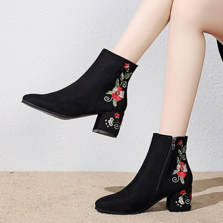 

symoid Womens Mid Calf Boots- Boots High Heel Pointed Toe Boots Zippered Shoes Embroidered Shoes Warm Flock Boots Red 38