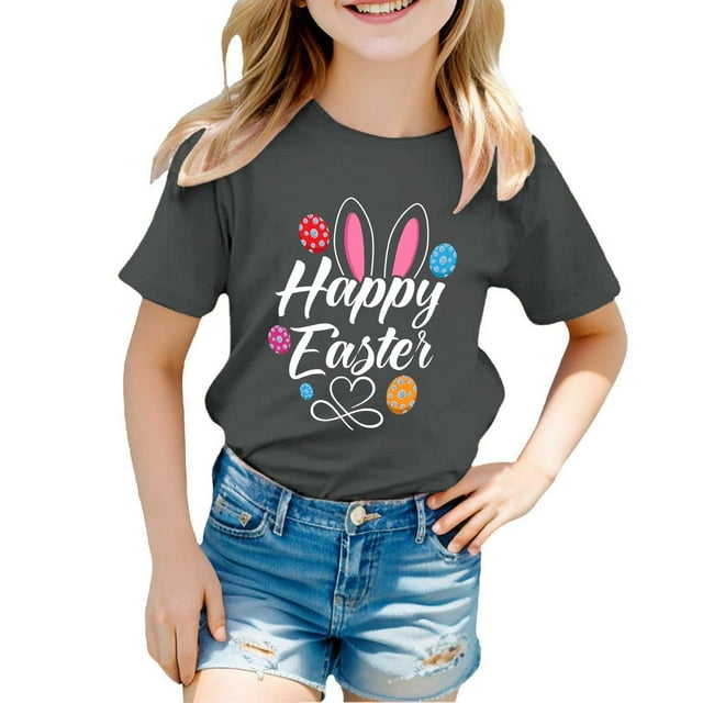 PMVFHDE Tenue de Pâques pour Filles T-Shirt Graphique de Pâques / Imprimé Lapin & Œuf Manches Courtes Col Rond / Tee-Shirt en Coton Doux pour Tout-Petit / Tenue Décontractée Printemps Été Gris, 10-11 Ans
