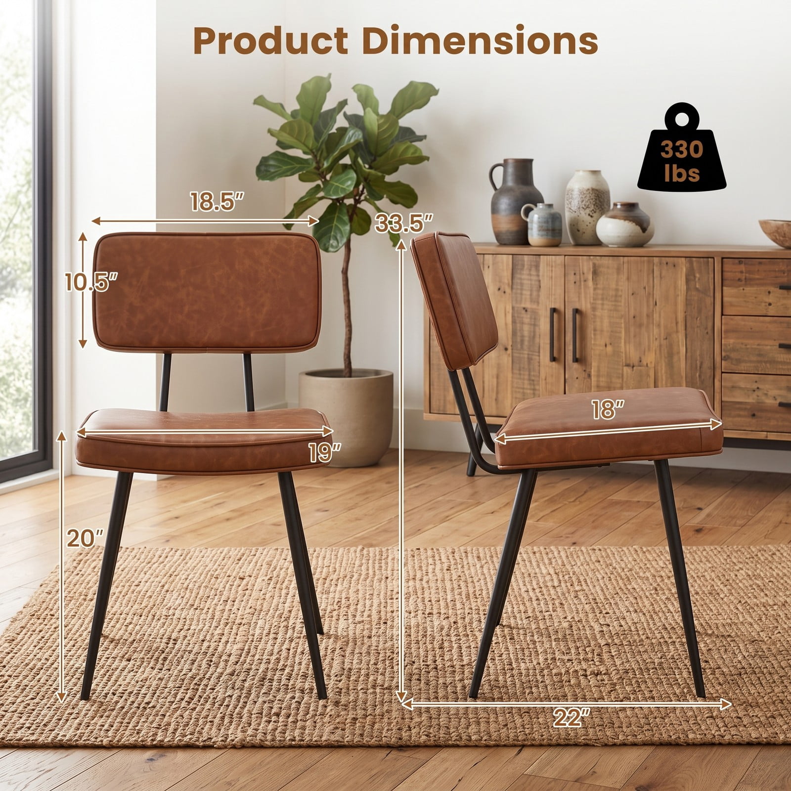 Furnibear Dining Chairs Set of 2, Upholstered PU Leather Kitchen Chairs with Padded Backrest and Cushioned Seat, Metal Tapered Legs Side Chairs for Dining Room, Brown