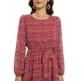 thumbnail image 6 of Xmarks Women's Floral Print Long Sleeve Mini Dress Crewneck Smocked High Waist A -Line Swing Flowy Short Dress with Belt Red US 12, 6 of 7