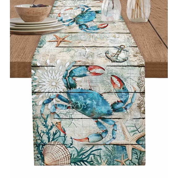 Table Runner 48 Inches Long for Kitchen Dining, Teal Crab Coastal Dresser Scarf Farmhouse, Dining Table Decorations for Wedding/Parties, Summer Beach Nautical Starfish Retro 13 x 48 In