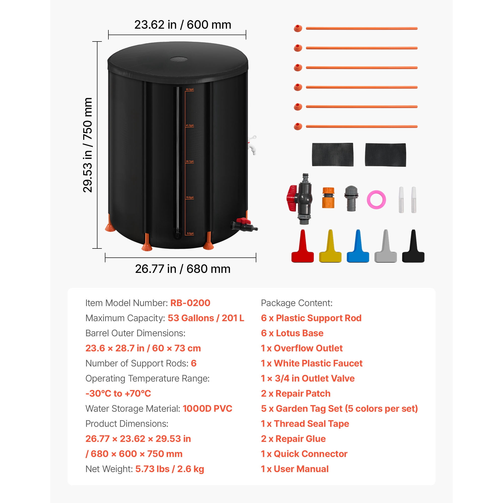 KFFKFF Collapsible Rain Barrel, 53 Gallon Portable Rainwater Collection System, Durable 1000D PVC Garden Water Storage Tank with Spigot and Overflow Kit, Black