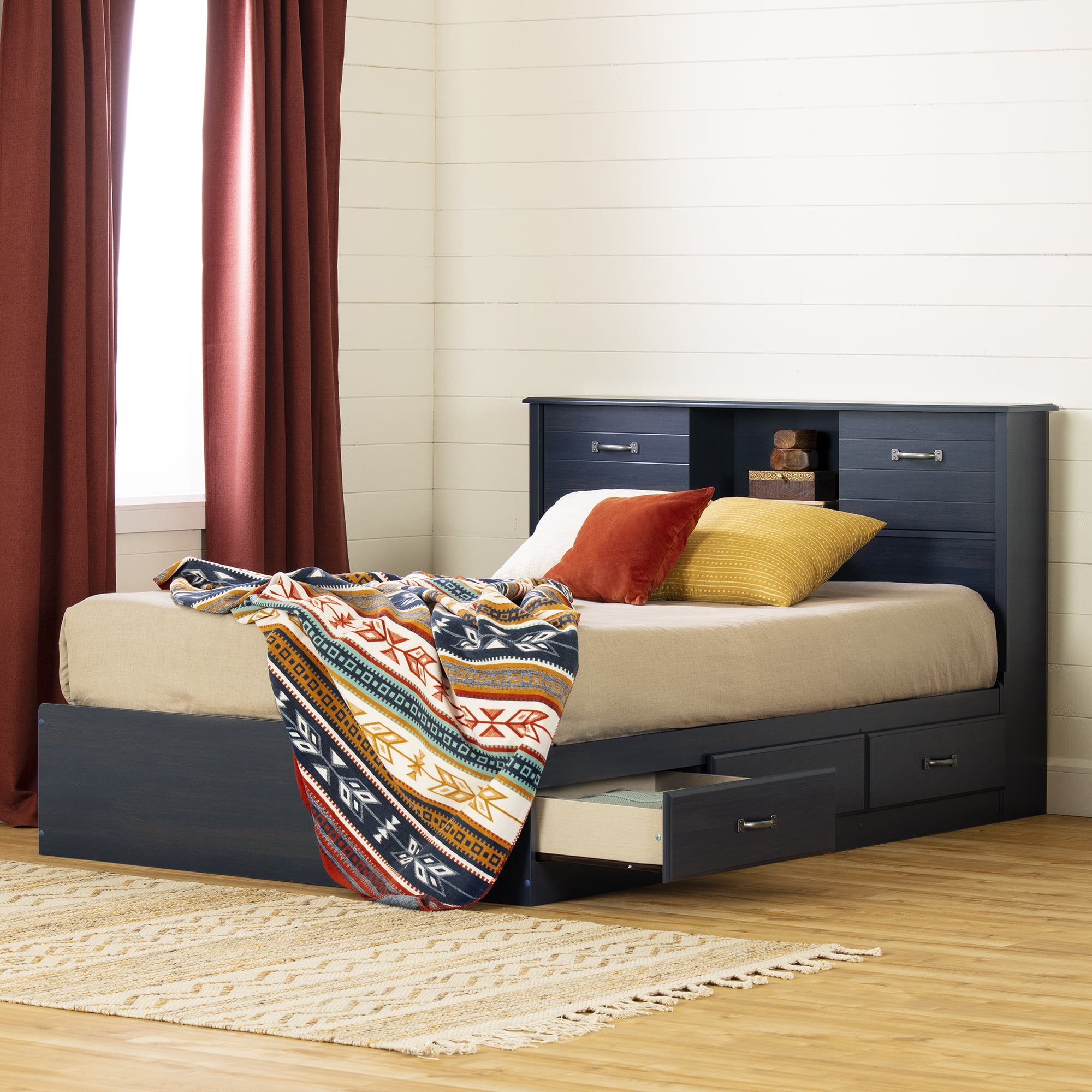 South Shore Ulysses Full Storage Bed and Bookcase Headboard Set, in Blueberry