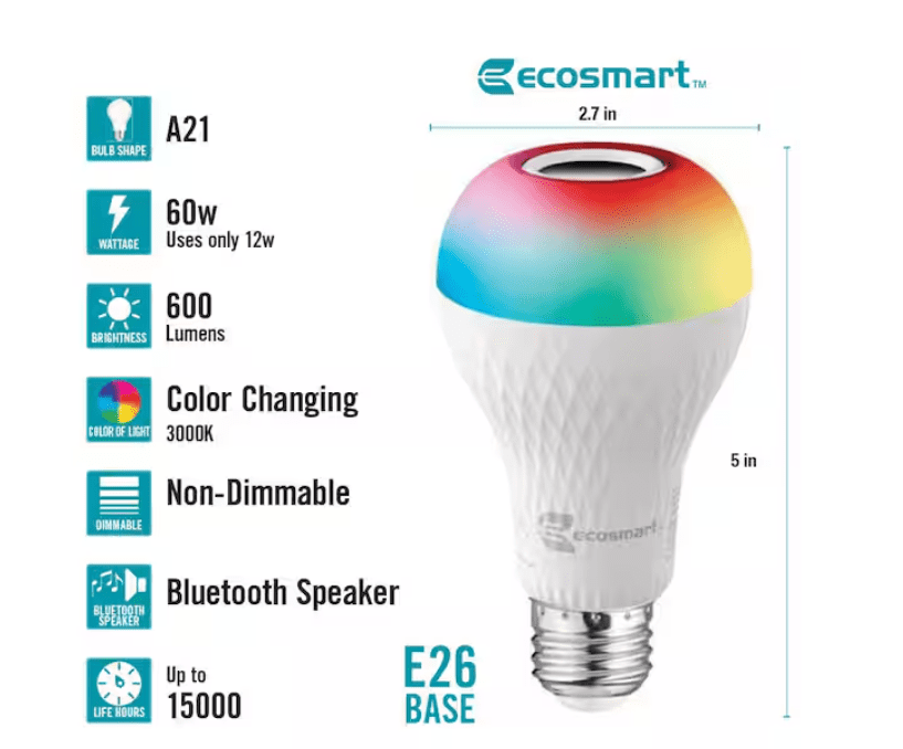 EcoSmart 60-Watt Equivalent A21 Bluetooth Speaker Colored Plus Bright White E26 Medium LED Light Bulb W/ Remote Control (1-Pack)