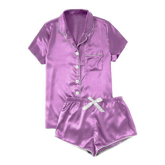 Women's Pajama Sets Casual Solid Silk Satin Short Sleeve Button Up Top Shorts Lounge Sets Sleepwear Light Purple XL