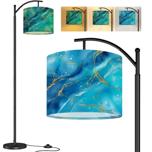 Arc Floor Lamp Cyan blue liquid watercolor golden stains Tall Modern Standing Lamp LED Adjustable Linen Lampshade 3 Color Temperatures