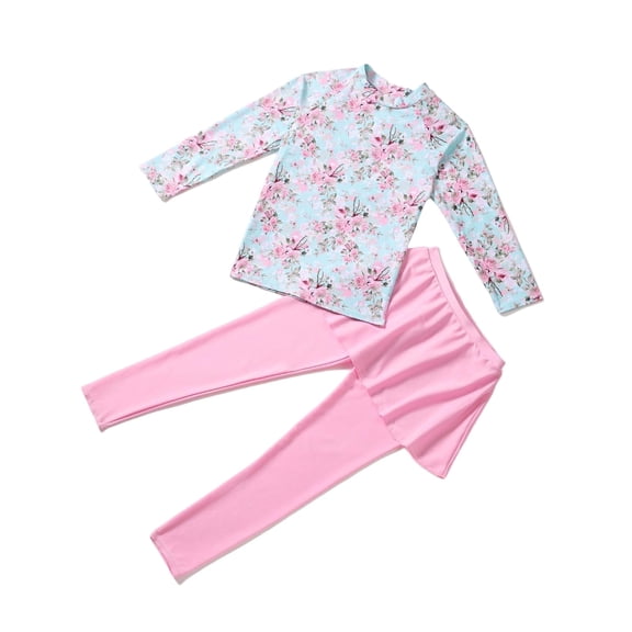 CYRBOKO Girls Rashguards Sets, Breathable Long Sleeve Quick-dry Two Pieces Swim Shirts and Swim Pants Pink Size 12-14 T