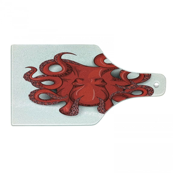 Octopus Cutting Board, Kraken Animal Shadow Tropical Seafood Marine Tentacle Simple Design Art Print, Decorative Tempered Glass Cutting and Serving Board, Wine Bottle Shape, Red, by Ambesonne