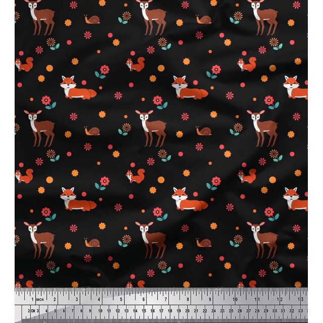 Soimoi Poly Crepe Fabric Floral,Deer & Fox Kids Print Fabric by The Yard 52 Inch Wide