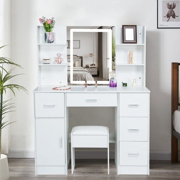 Teousev Vanity Desk with Lighted Mirror & Stool, 5 Drawers & Shelves, 3-Color Modes Makeup Table, White