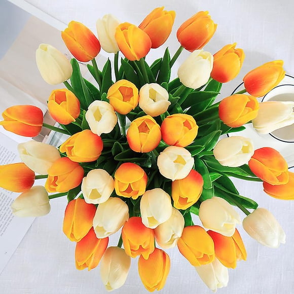 20pcs Real Touch Latex Artificial Tulips Flowers Fake Tulips Flowers Wedding Bouquets for Wedding Home Garden Decoration (Orange and White)