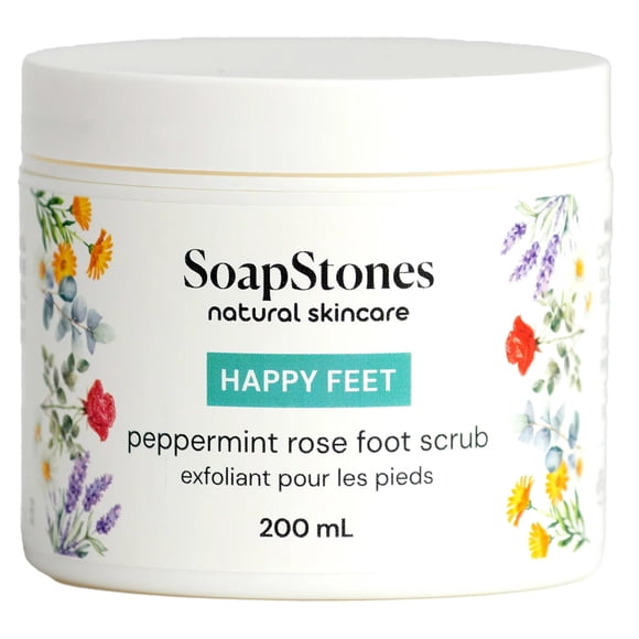 Soapstones Happy Feet Exfoliante para pies con menta y rosa, 6.8 fl oz, exfoliante de piel para cuerpo y pies con sal del Mar Muerto y aceite de cártamo, refrescante aroma a menta y rosa para una piel