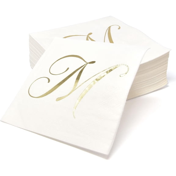 Gift Boutique Monogram Cocktail Napkins Letter M Gold Foil, 100 Count 2-Ply Disposable Paper Napkins, 5x5 Folded White Party Beverage Napkins