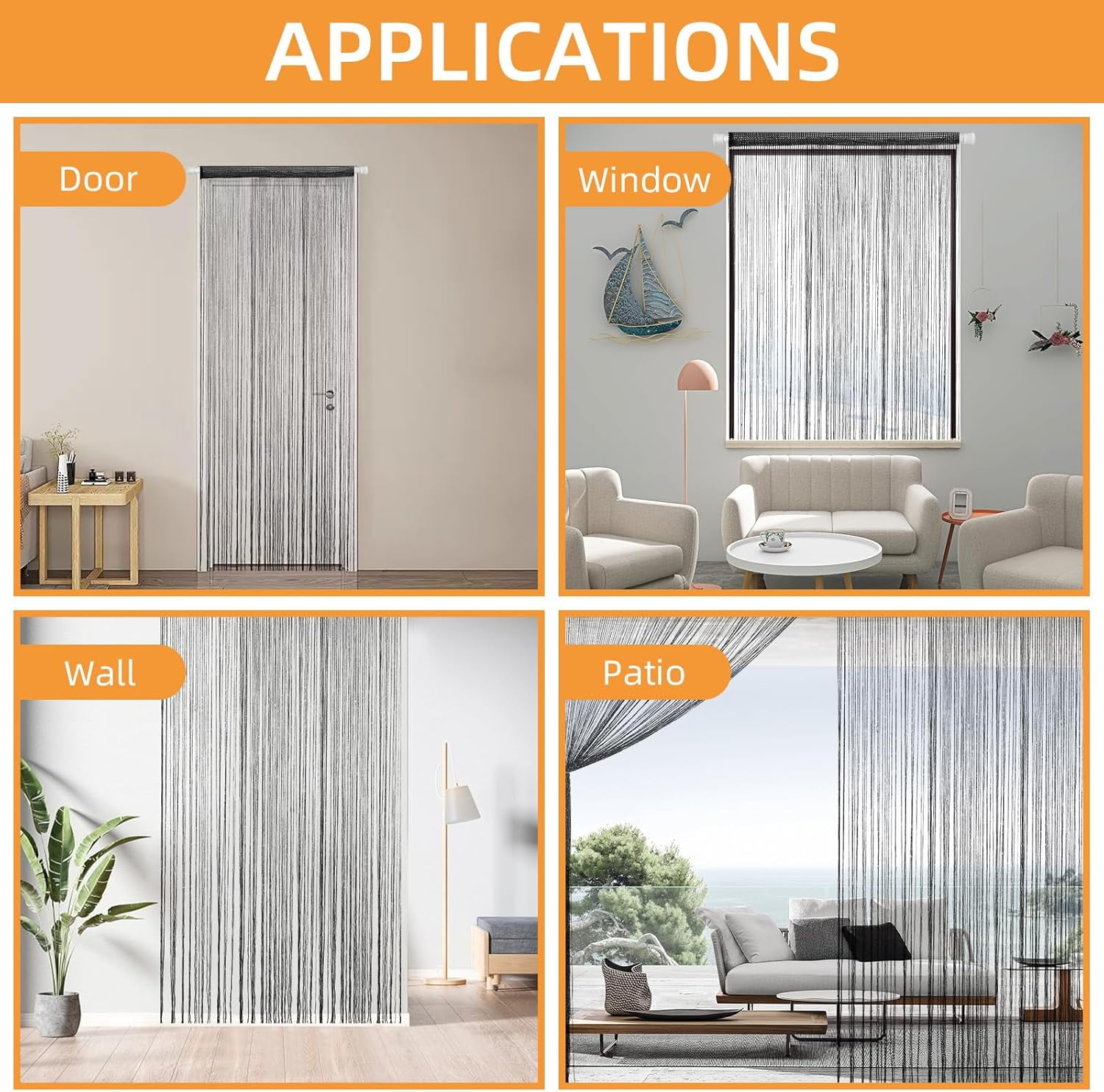 4 Pieces Glitter String Curtains Doorway Beads Curtains, 39 x 79 Inch Hanging Fringe Hippie Room Divider Door String Curtain Boho Doors Tassel for Doorways, Windows, Closet, Privacy Decor (Black)