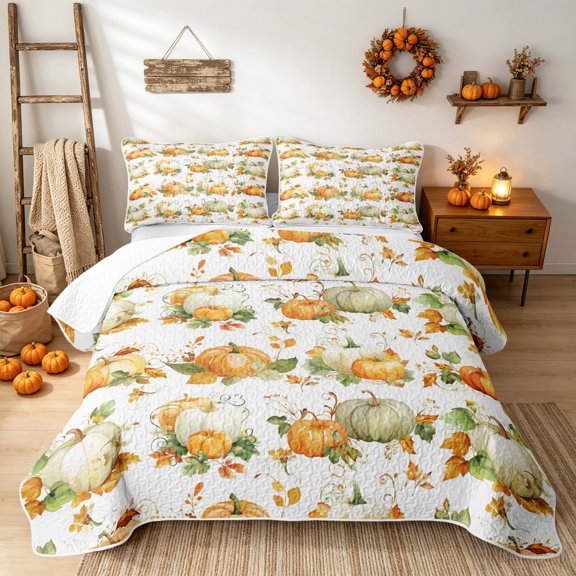 Erosebridal Botanical Pumpkin Twin Quilt Set, Hippie Autumn Leaf Twin Coverlet Set for Boys Girls, Cream Orange Sage, 2 Pieces 1 Bedspread and 1 Pillowcase