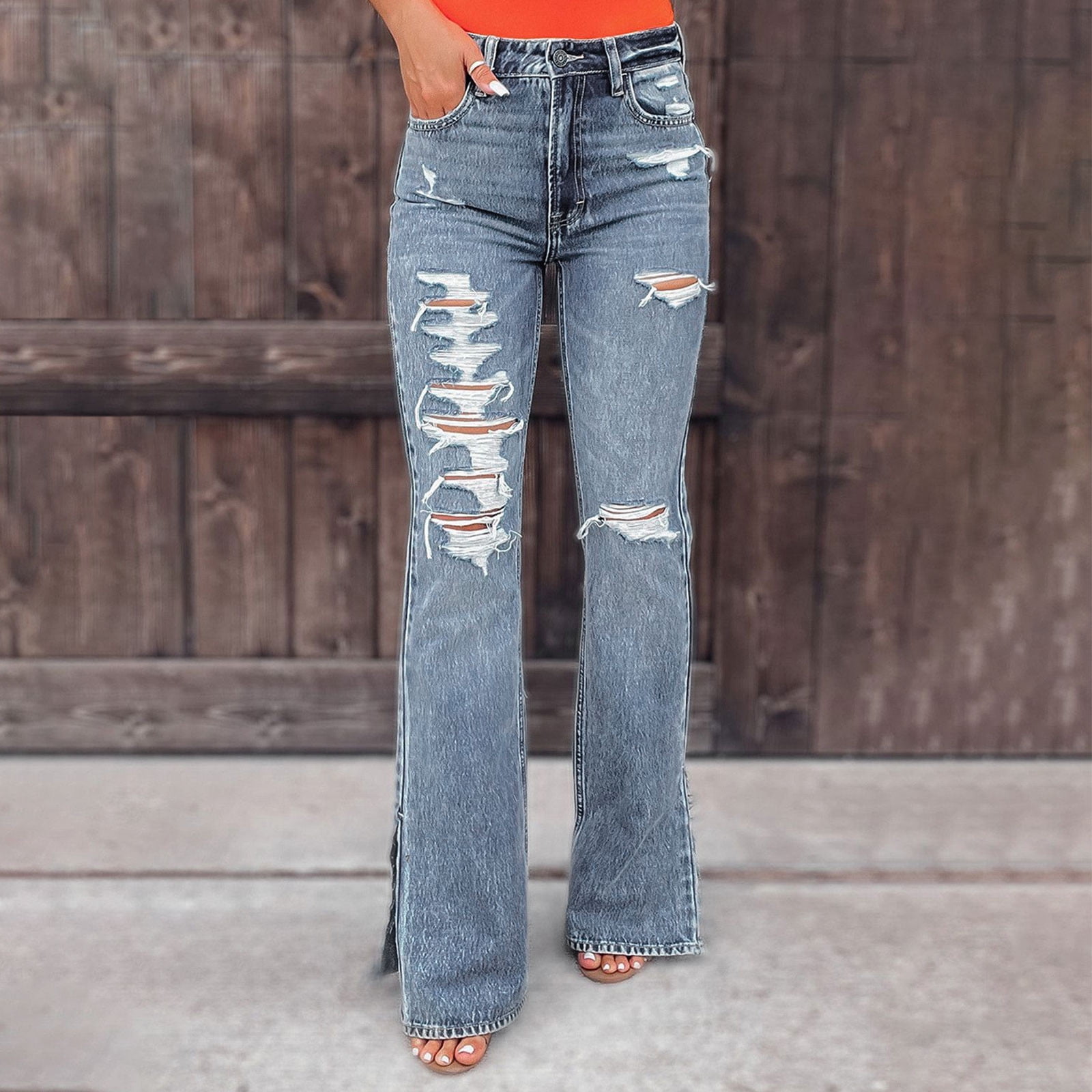 RQYYD Side Split Ripped Jeans Women's Mid Rise Distressed Flare Jeans  Ripped Hole Denim Pants Straight Leg Jean Baggy Bootcut Jean Light Blue XXL