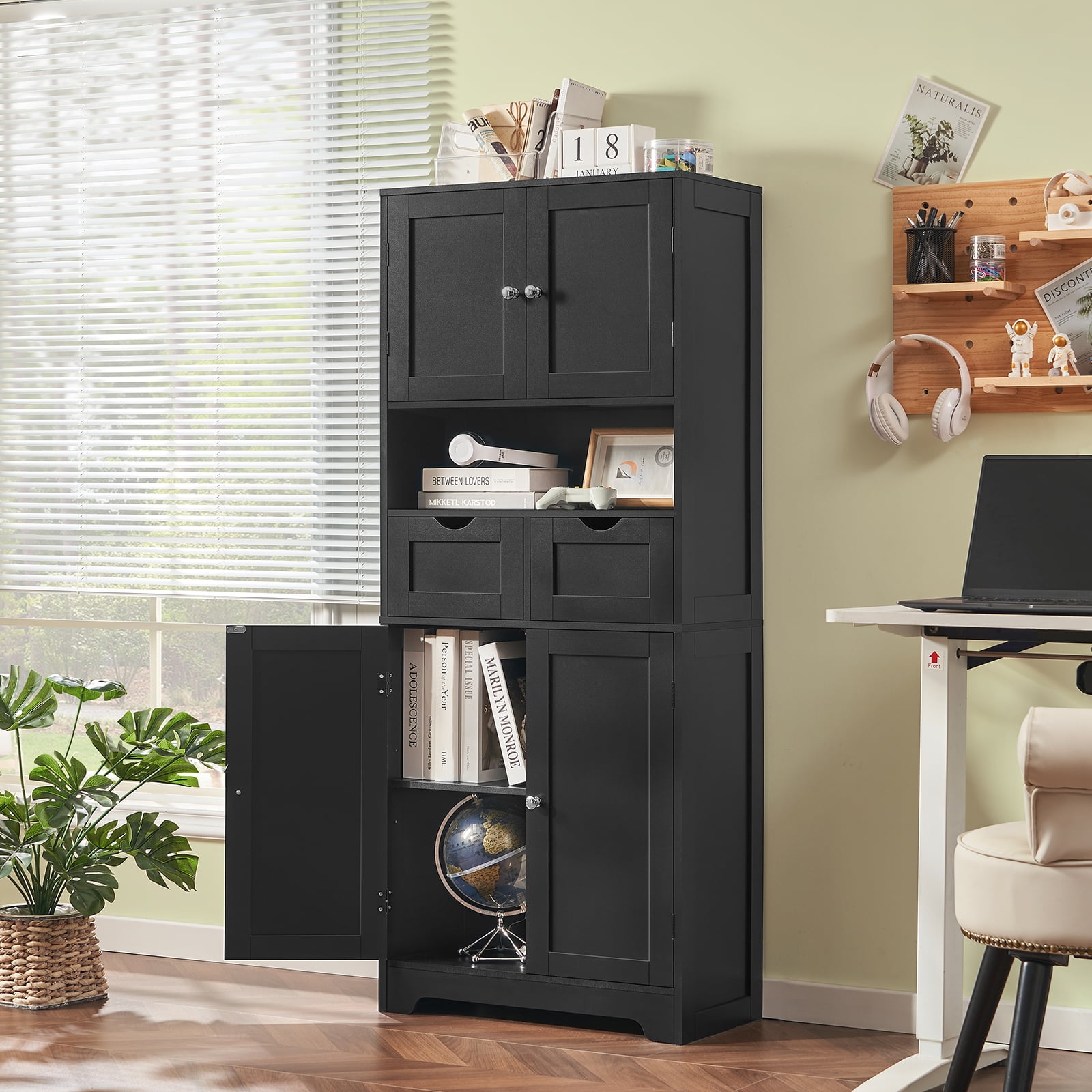 57.8" H Tall Storage Cabinet with Adjustable Shelf, Bathroom Cabinet with 2 Drawers, Linen Cabinet for Living Room, Black