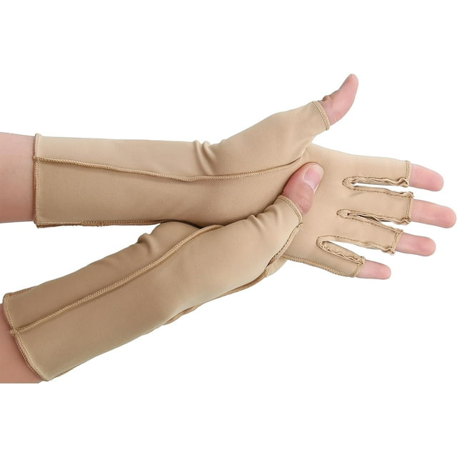 NURCOM Gants de Compression pour l'Arthrite, Soulagement de la Douleur Rhumatoïde, Gants de Compression pour Femmes et Hommes, Gants de Circulation Sans Doigts Premium pour l'Arthrite et les Douleurs Articulaires, Gonflement, Tendinite, 1 Paire Beige P
