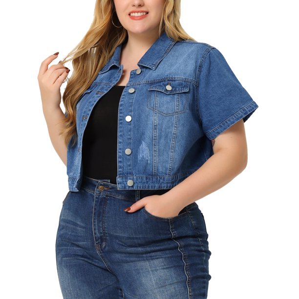 Chaquetas de mujer de talgrande Chaquetas de mancorcon lavado recortado de mezclilAzul Vaquero 3XL