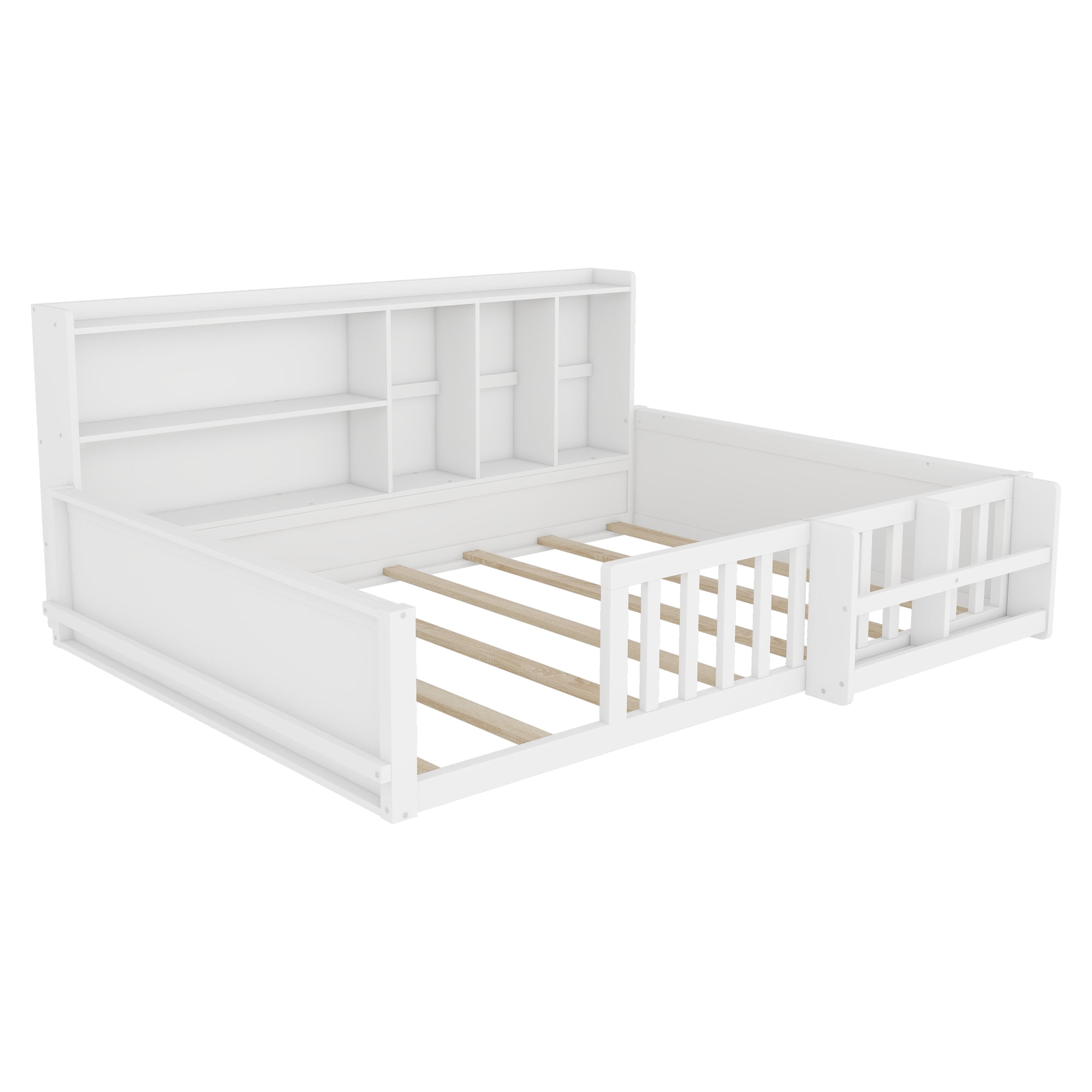 Mintazer Full Size Montessori Floor Bed with Bookshelf & Guardrails, Kids Platform Bed Frame with Storage Cubbies for Bedroom, White