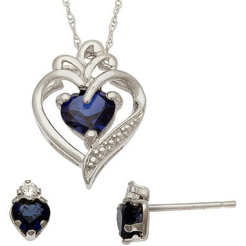 1.65 Carat T.G.W. Created Sapphire and CZ Sterling Silver Heart Pendant and Earrings Set