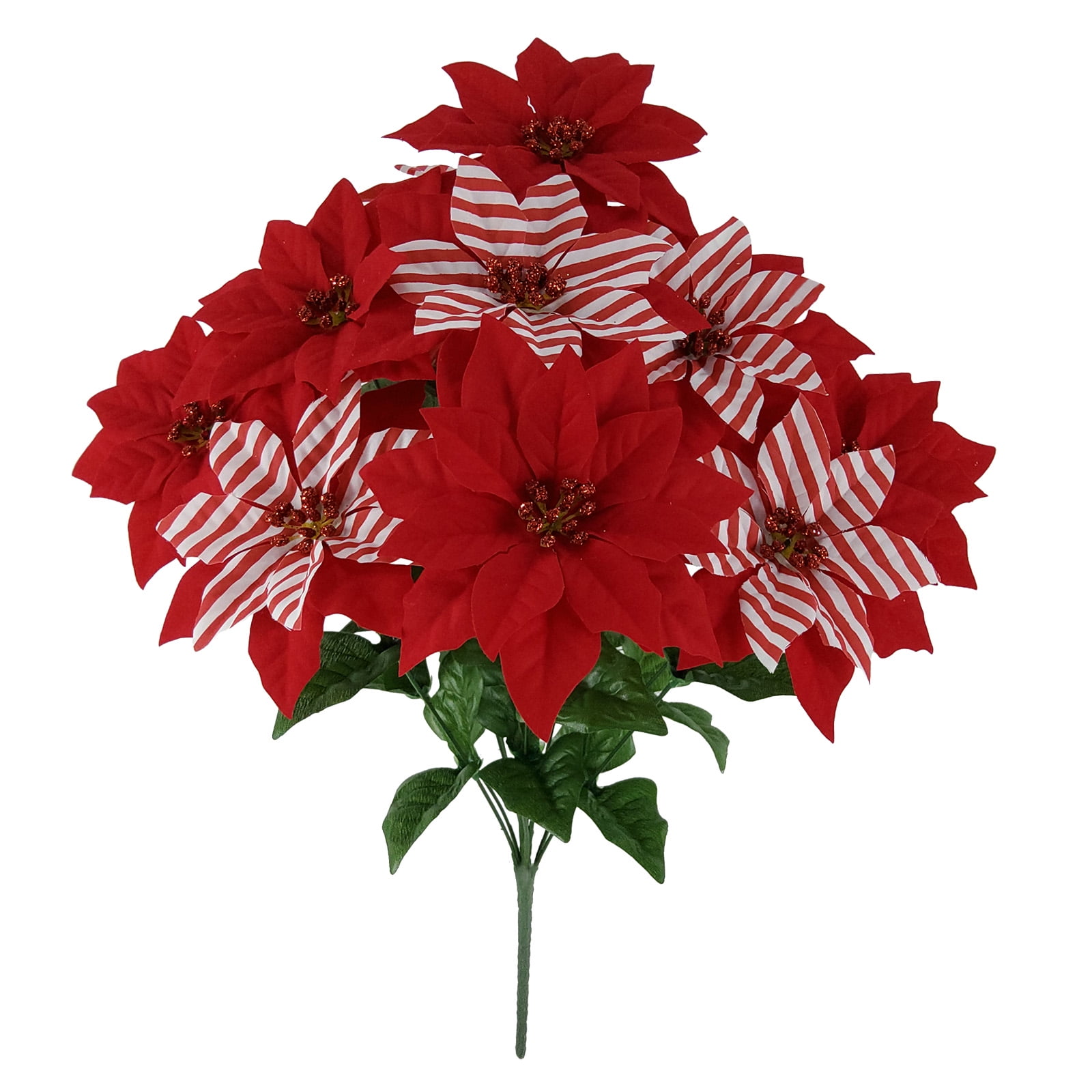 (2 pack) Mainstays 19 in Indoor Artificial Striped Poinsettia Bush, Red Color.