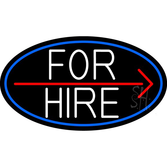 For Hire And Arrow Oval With Blue Border LED Neon Sign 20 x 37 - inches, Clear Edge Cut Acrylic Backing, with Dimmer - Bright and Premium built indoor LED Neon Sign for Bar decor.