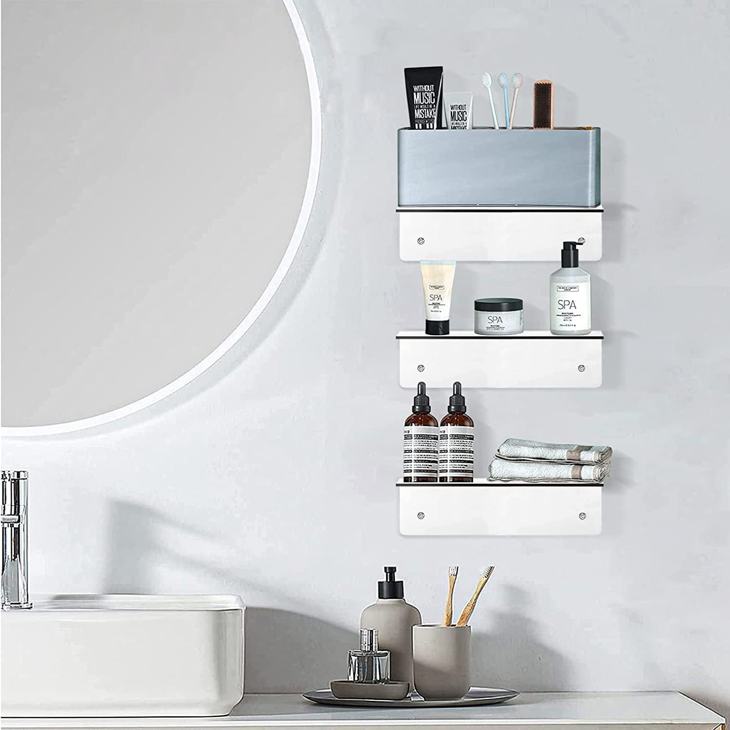 9 Inch Acrylic Floating Shelf, No Drill Adhesive Wall Shelf Set of 4 for Storage, Floating Shelves Damage-Free Expand Wall Space for Living Room, Office, Gaming Room, Bathroom