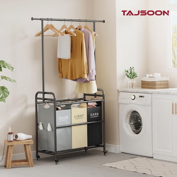 Laundry Sorter Cart with Hanging Clothes Rack, 3 Butler Sorter Basket Organizer, Heavy Duty Rolling Lockable Wheels